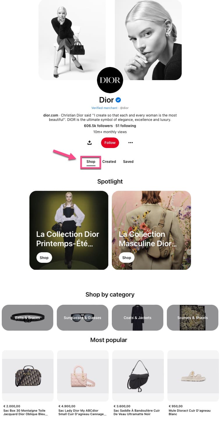 Image showing shop tab on Dior's Pinterest page