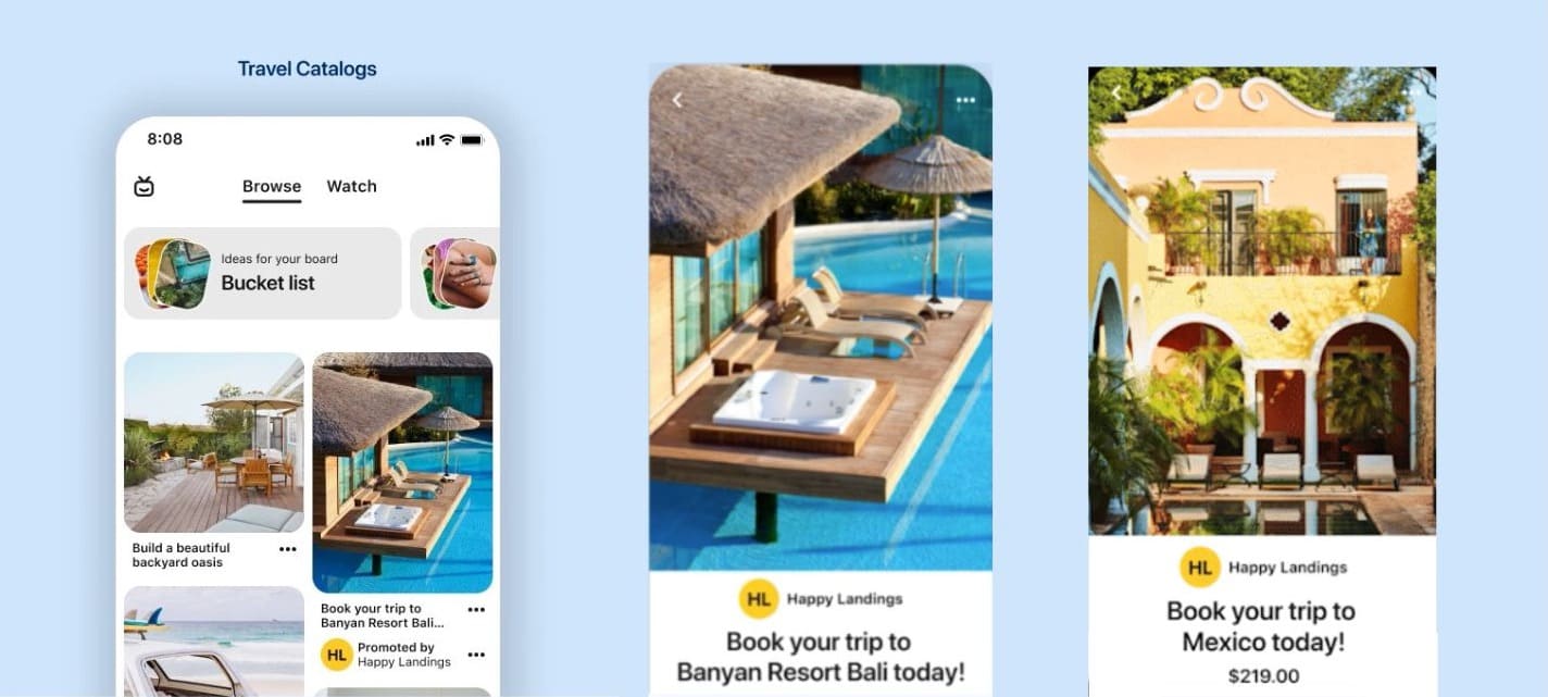 Why travel brands need Pinterest - Travel Catalog ad examples for exotic holiday
