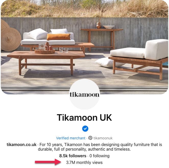 Pinterest Account Profile of furniture brand showing monthly views.